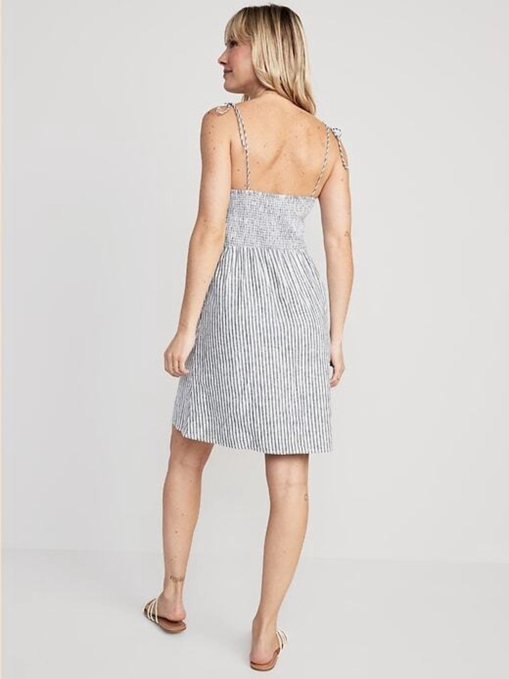 Old Navy Blue Striped Fit & Flare Tie-Strap Linen-Blend Mini Dress - Picture 2 of 4